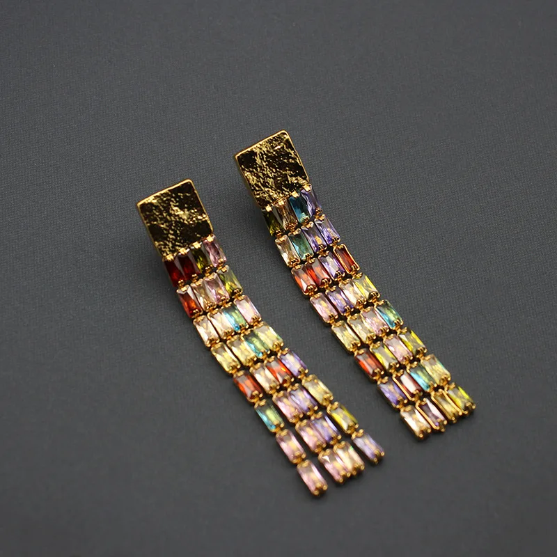 

Europe and America Heavy Industry Rectangular Fringed Colored Zircon Earrings