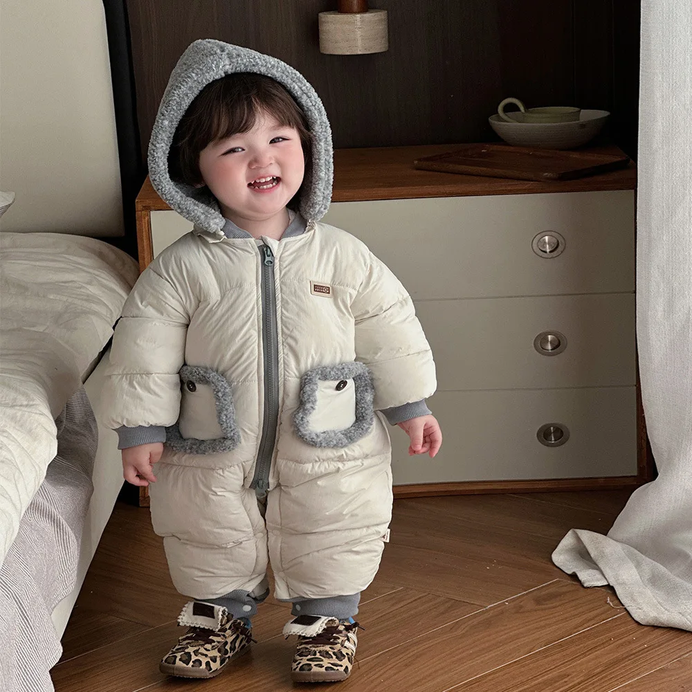

Girls Pants 2024 Winter New Childrens Clothes Boys and Girls Card Splicing Pocket Thickened Warm Comfortable Onesie Simple Daily