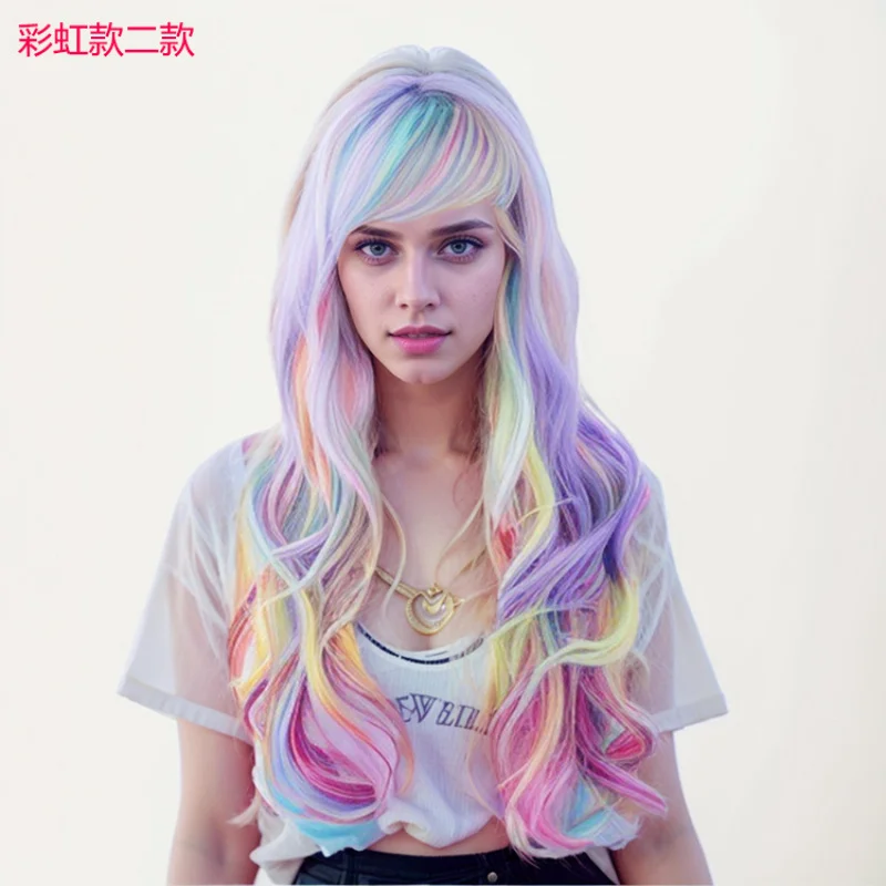 

Красочный парик с длинными кудрявыми волосами, в европейском и американском стиле, с боковыми челками, разноцветный, для Рождества и Хэллоуина