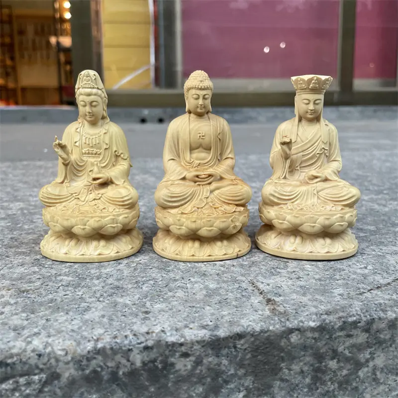 Boxwood Shakyamuni Guanyin Ksitigarbha Triad Small Figurine Buddhist Altar Statue for Bookshelf Decor and Meaningful Gift Giving