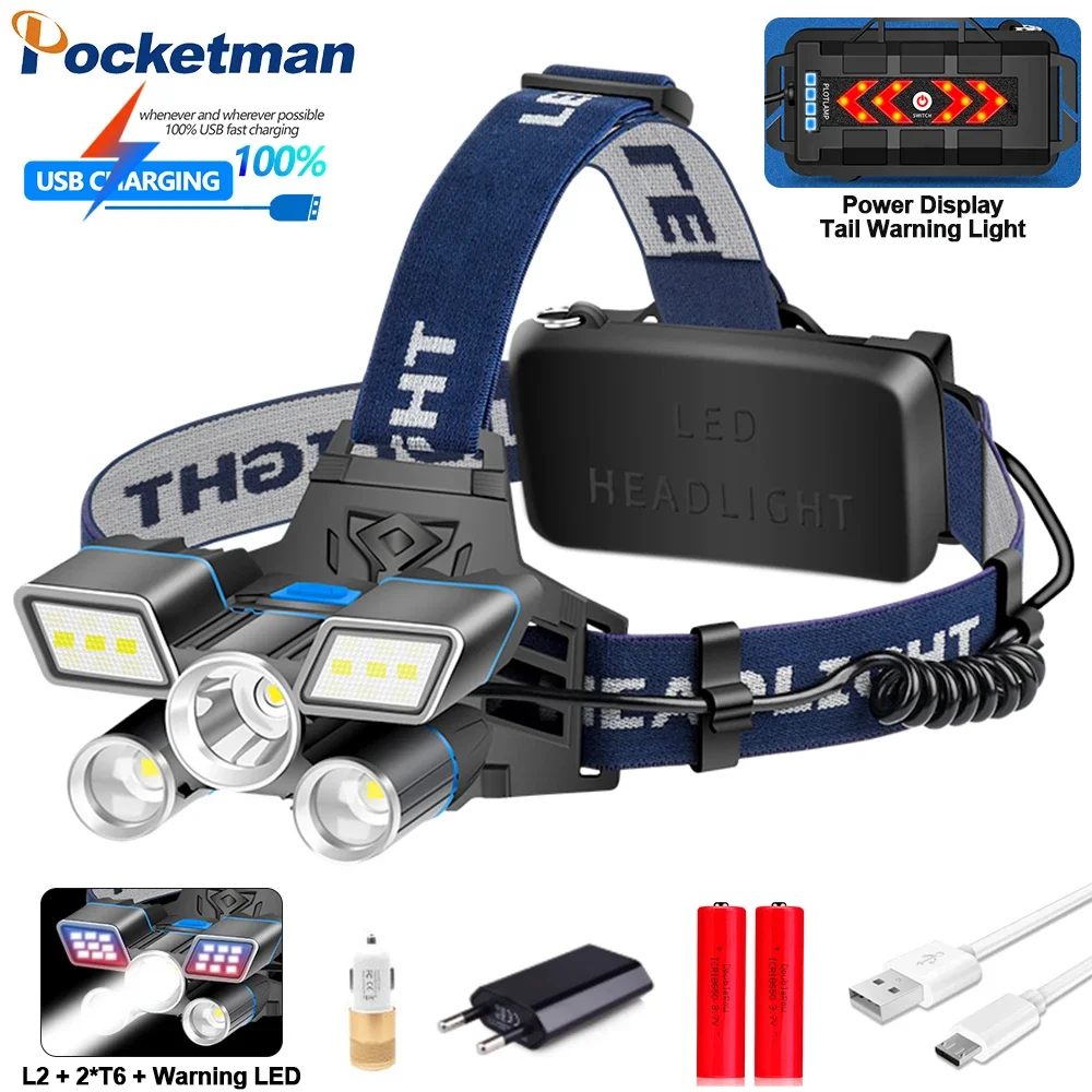 

5 LED Red Blue White Light 9 Modes LED Headlamp Headlight USB Rechargeable Head Light with Tail Warning Light Waterproof
