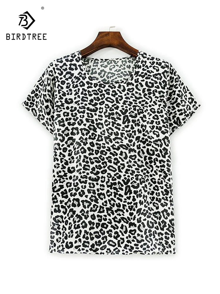 

BirdTree-Silk Elegant T-Shirt, O Neck Short Sleeve Leopard Print, Women Fashion Commute Loose Tops, 2026 Spring Summer T61261CC
