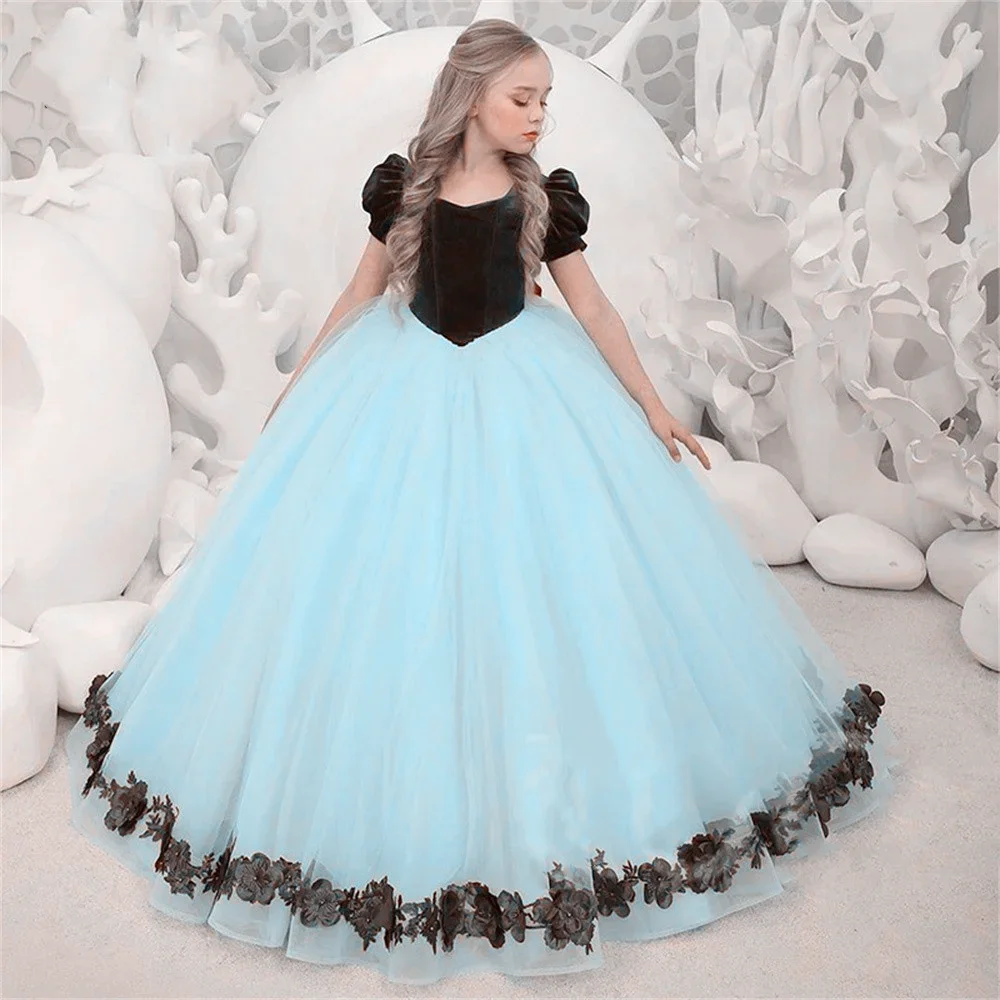 Flower Girl Dress Gorgeous Little Princess Blue OR Yellow Black Applique With Red Bow Kids Birthday Party Ball Evening Gowns