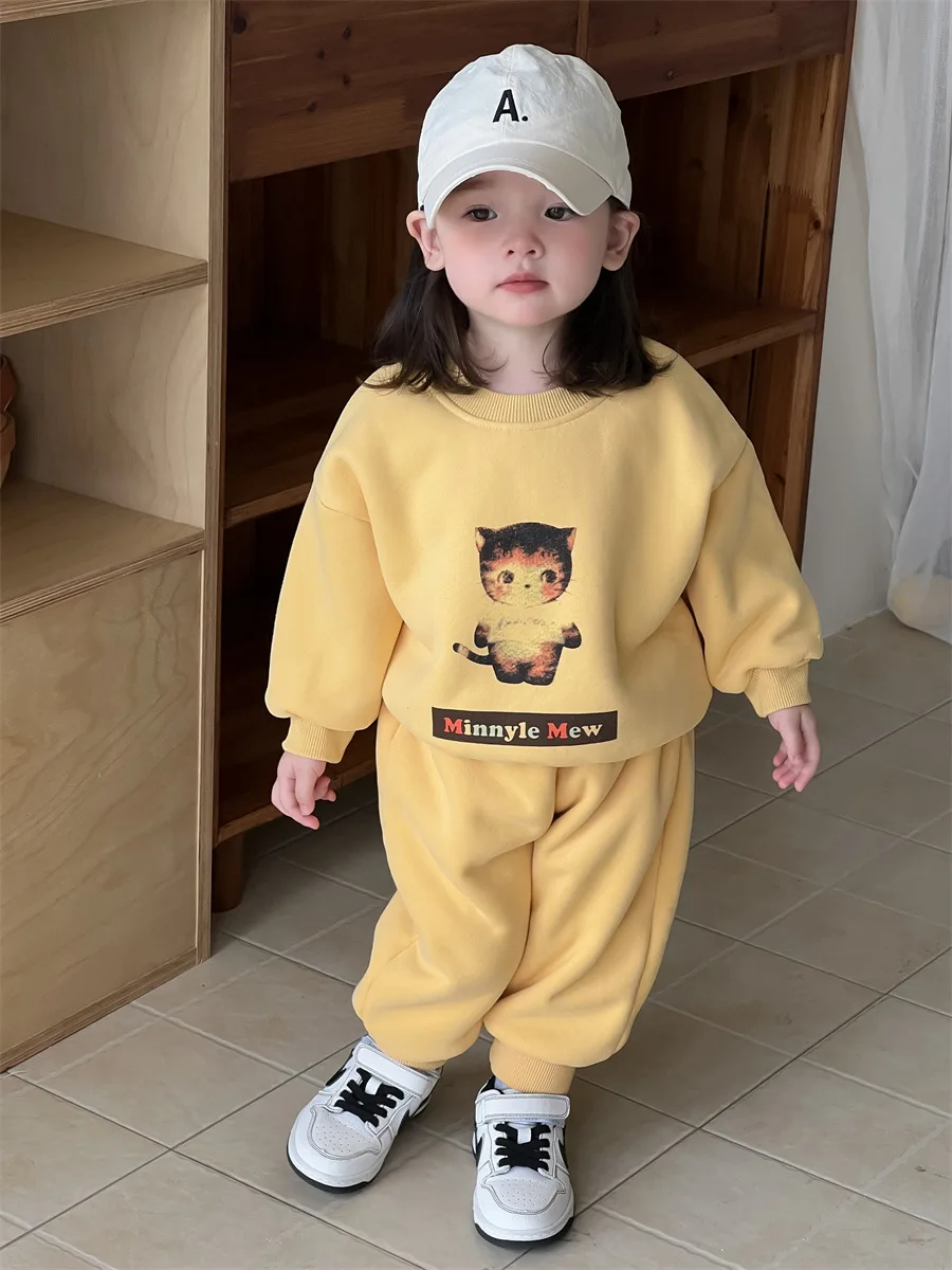 2024 Winter New Baby Plus Velvet Thick Warm Clothes Set Infant Girls Cute Kitty Fleece Sweatshirt Outfits Kids Sweat Pants Suit