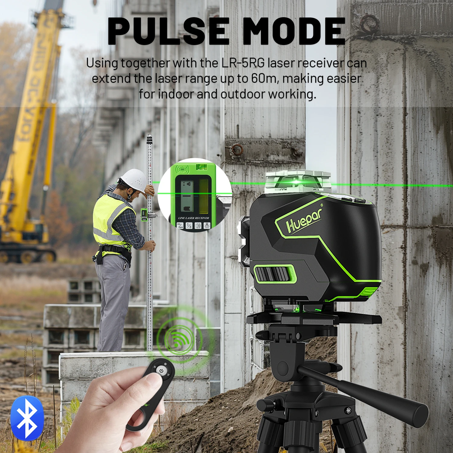 Huepar S04CG-C 4D Green Laser Level Selbstnivellierende Kreuzlinienlaserwerkzeuge mit Detektor, LCD-Display, Fernbedienung, Bluetooth und Halterung