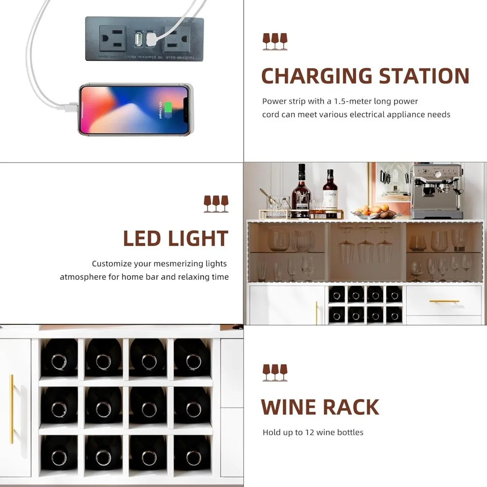 Armário de bar com estação de carregamento LED, buffet e aparador - ideal para bares de café e vinho, 47 polegadas branco