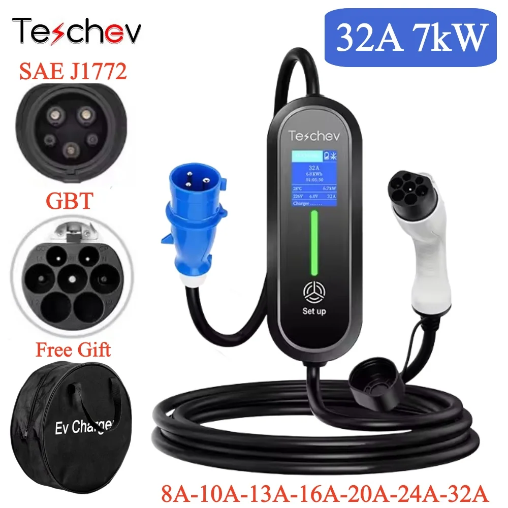 Teschev نوع 1 شاحن سيارات كهربائية محمول 7KW 32A 1 المرحلة Wallbox GBT EVSE كابل شحن سريع CEE التوصيل محطة شحن منزلية كهربائية
