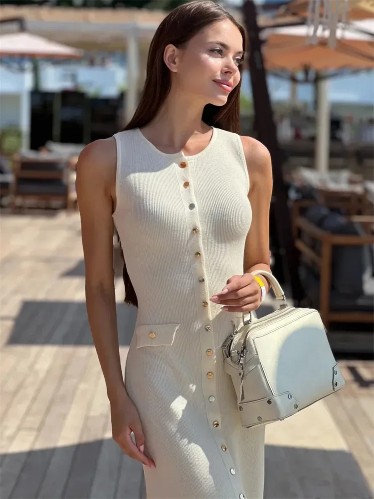 Gaun Rajut Panjang Wanita Pinggang Tinggi Slim Kantong Tanpa Lengan Gaun Pesta Elegan Rajutan Wanita Gaun Maxi