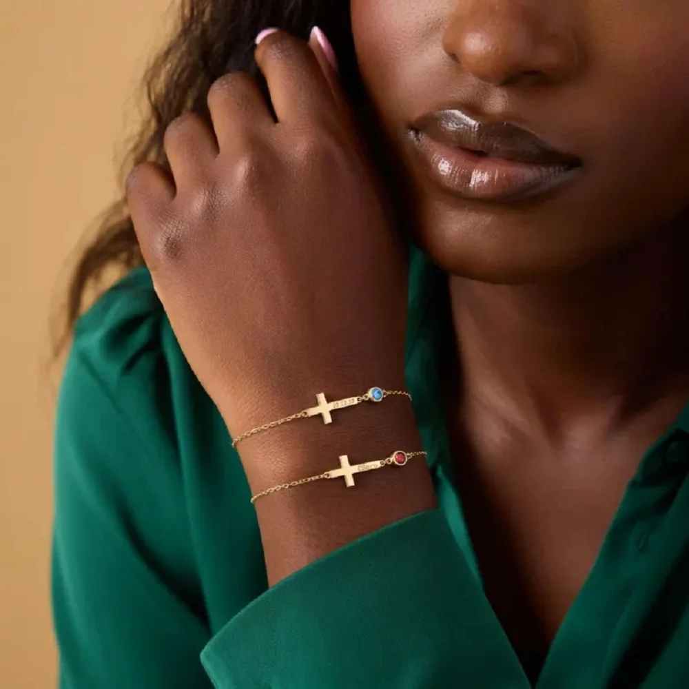 Sipuris Personalisiertes Namensarmband aus Edelstahl mit Kreuzanhänger, personalisiertes Geburtsstein-Namensschild-Armband, Modeschmuck, Hochzeitsgeschenke – Detail 7