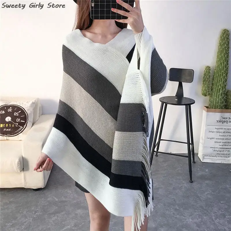 Women Patchwork Scarves Shawls Coat Striped Winter Knitted Cashmere Capes Shawl Cardigans Sweater Warm Knit Poncho Blanket 2023