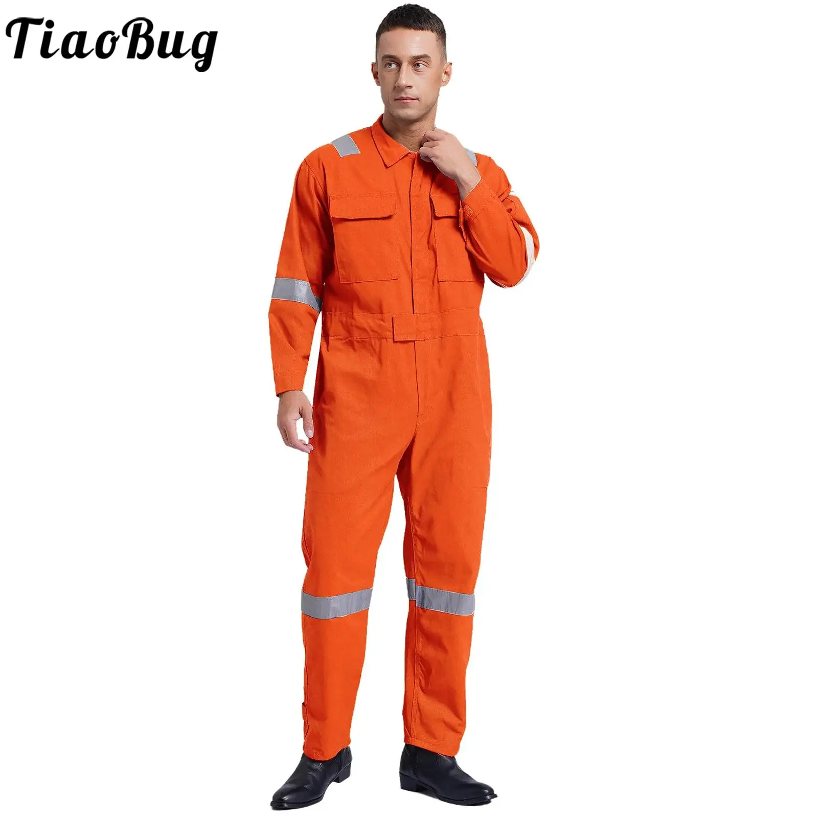 Men\'s Long Sleeve Cotton Coverall Dustproof Dungarees Working Uniform Reflective Strips One Piece Jumpsuit with Pockets