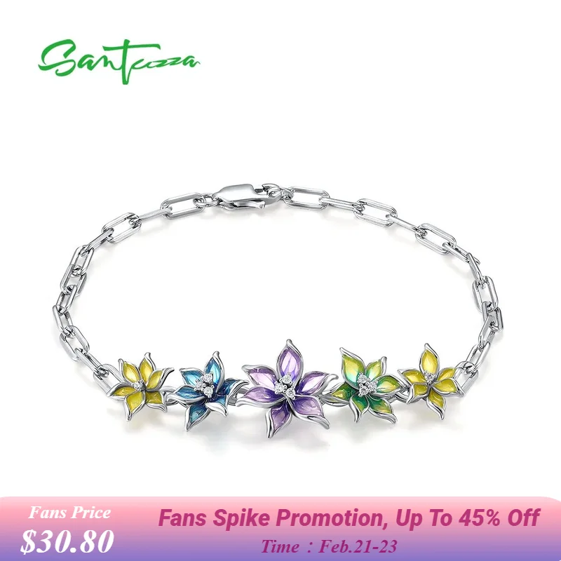 

SANTUZZA Аутентичный браслет из стерлингового серебра 925 пробы для женщин, нежные красочные цветы, подарки на вечеринку, ювелирные изделия, эмаль ручной работы