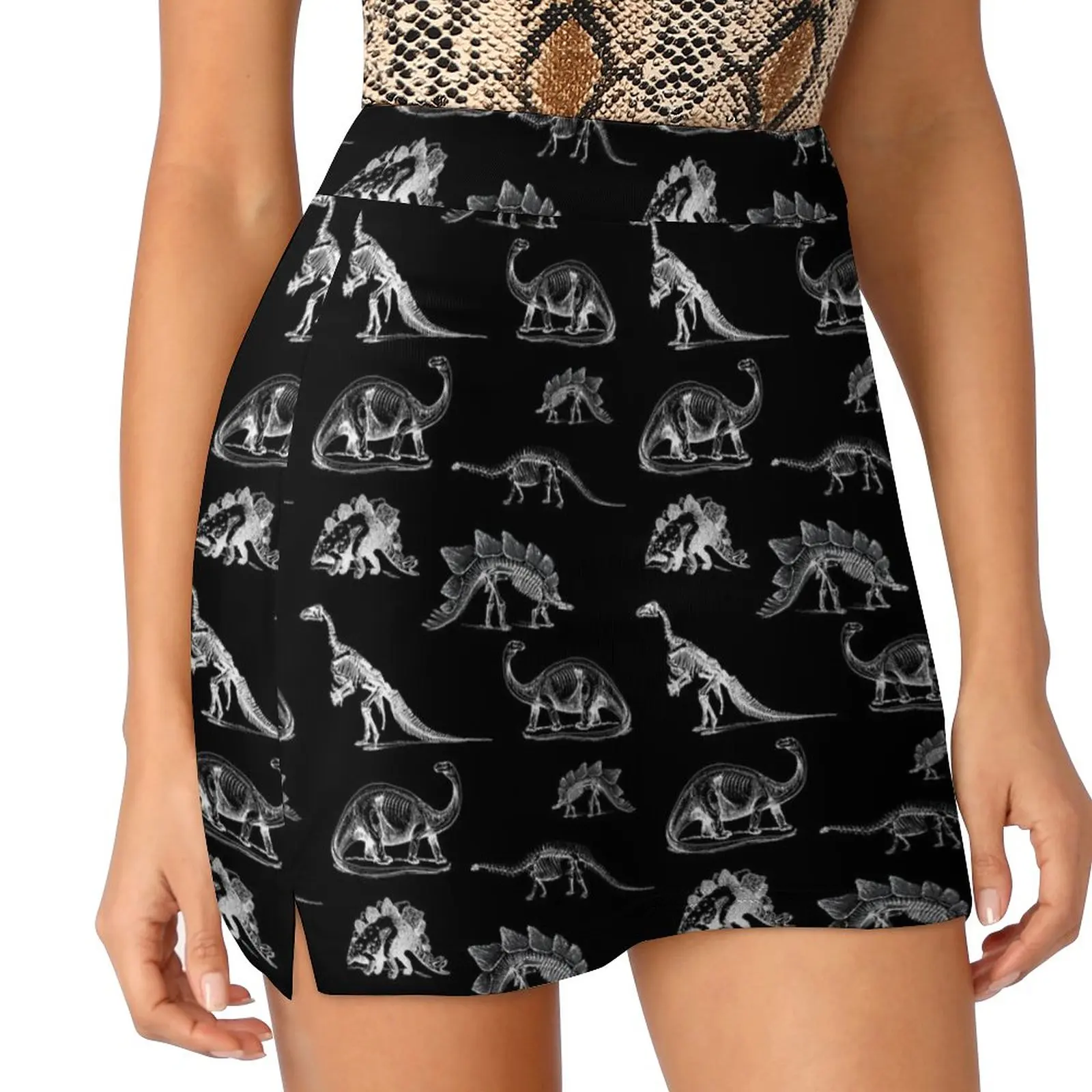 Vintage Museum Dinosaurs and Skeletons X-Rays on Black Light Proof Trouser Skirt kpop korean ladies summer