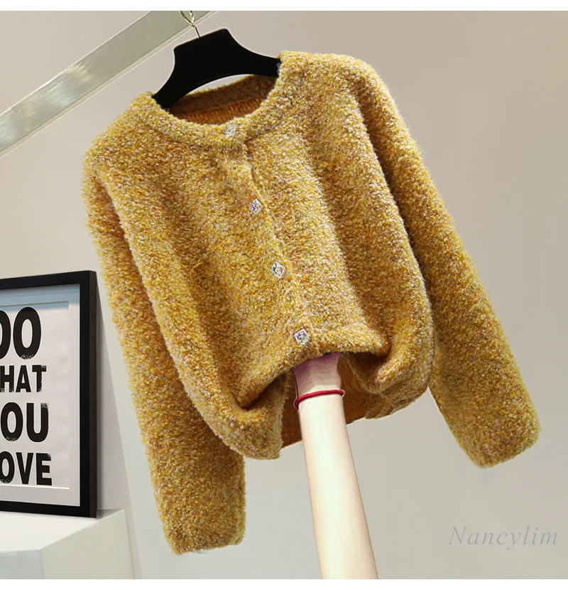 Simple Style Color Crew Neck Knitted Sweater Women Spring New Korean High Waist Short Long-sleeved Yellow Cardigan Coats