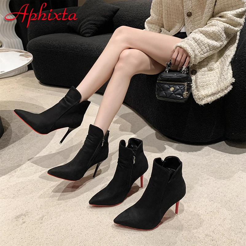 Aphixta 10cm Stilettos Winter Red Heels Zip Warm Black Ankle Boots Women Flock Footwear Shoes Women Super Big Size 47 48 49 50