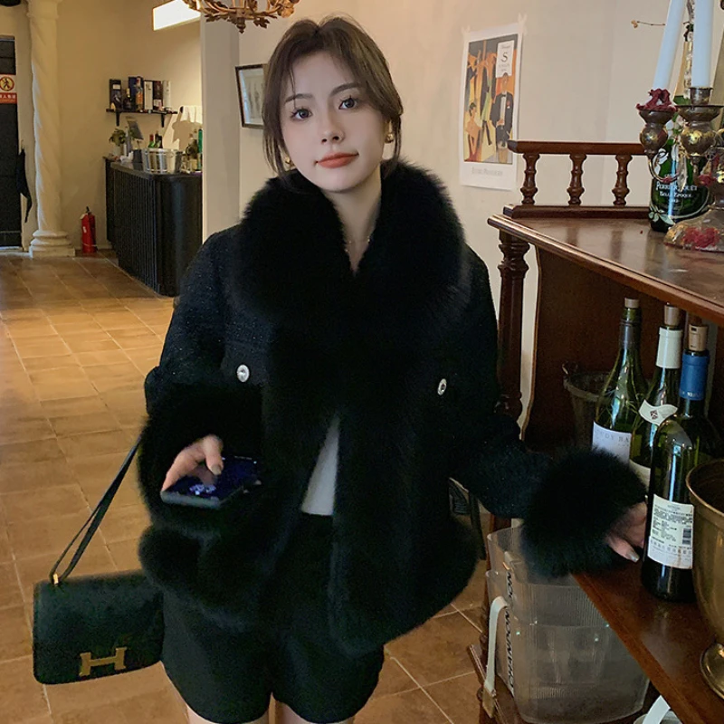 New Winter Woman Fashion Knitted Fox Fur Coat for Femlae Thick Warm Overcoats Hooded Outerwear Ladies G102