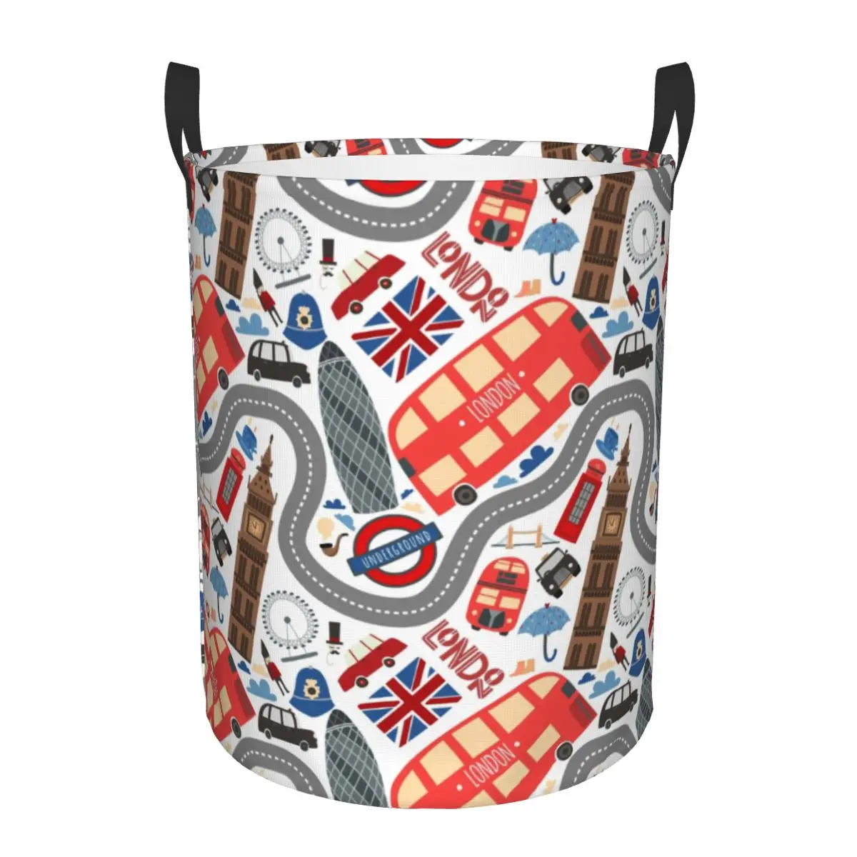 Custom London Doodles Pattern Laundry Basket Collapsible Large Capacity Clothes Storage Bin British Flag Red Bus Baby Hamper