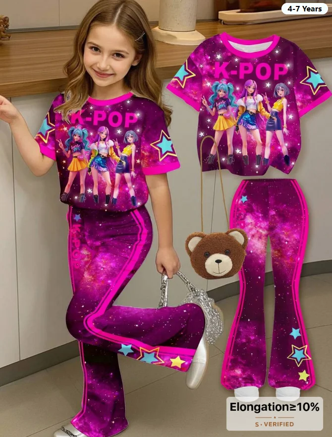 Girl K-pop Star Print Set Purple Galaxy ShortSleeve T-shirt Bellbottom Pants Two Piece Set Children's Fashion Leisure Sports Set