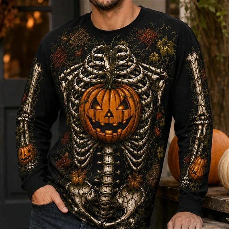2026 New Men's Halloween 3D Printed Long Sleeve Casual Round Neck Top Long Sleeve  with Pumpkin Skull Flame and Chain Design