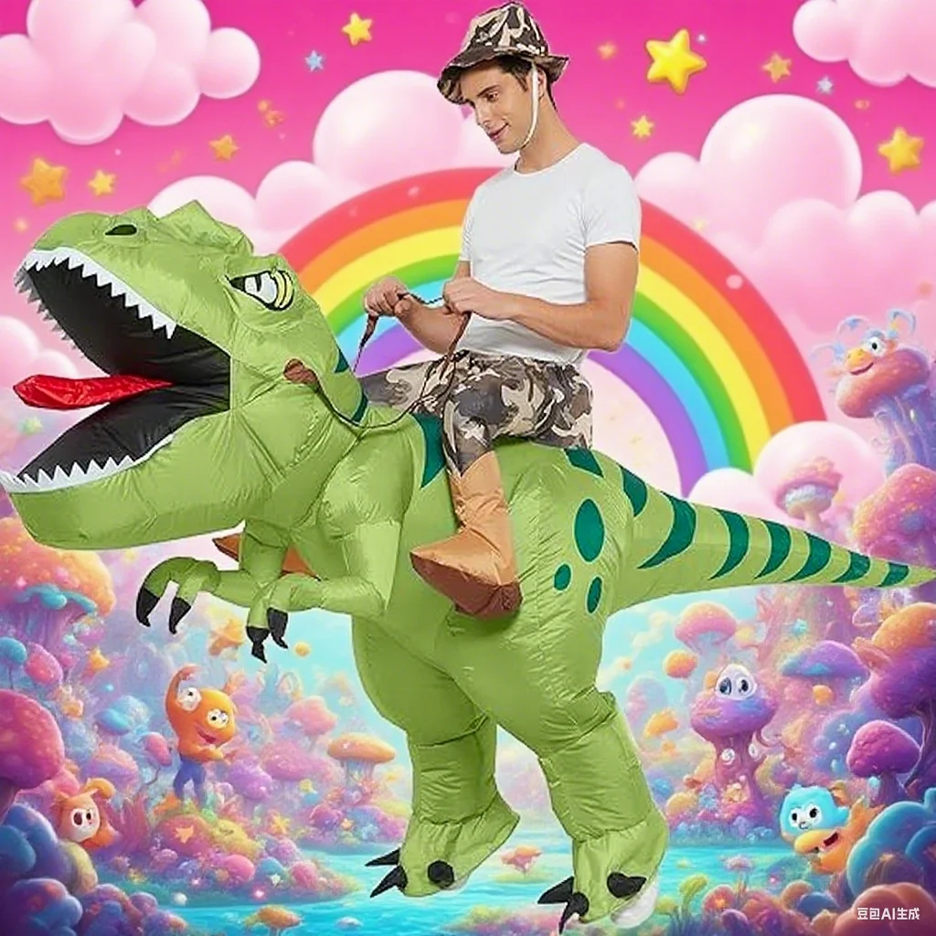 

Inflatable dinosaur costume riding on a Tyrannosaurus suit fun masquerade props Halloween green dinosaur adult dress up