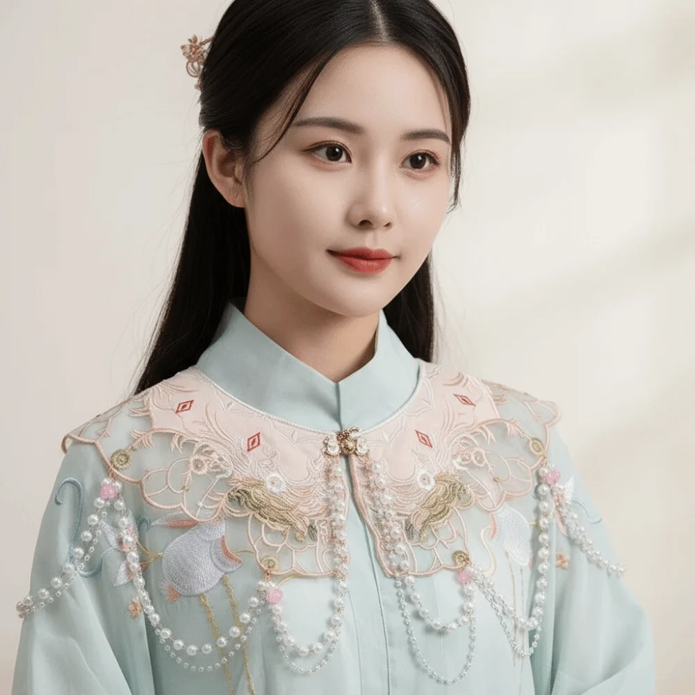 

Шаль в китайском стиле Ханьфу с вышивкой жемчугом и цветочным узором на плечах