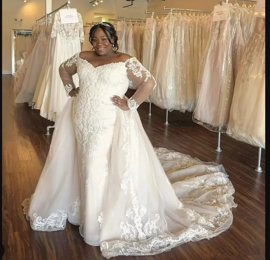 Flavinke 맞춤형 아프리카 연인 플러스 사이즈 긴 소매 인어 웨딩 드레스 신부 레이스 아플리케 신부 가운
