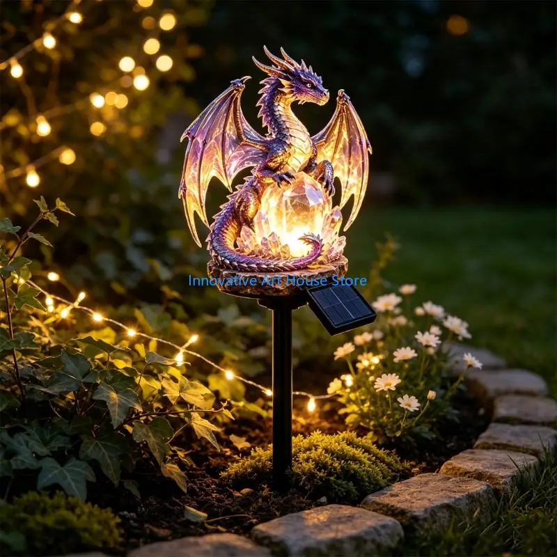 E1PC Outdoor Dragon Statue Yard Light with Resin Figure for Lawn Accent Use