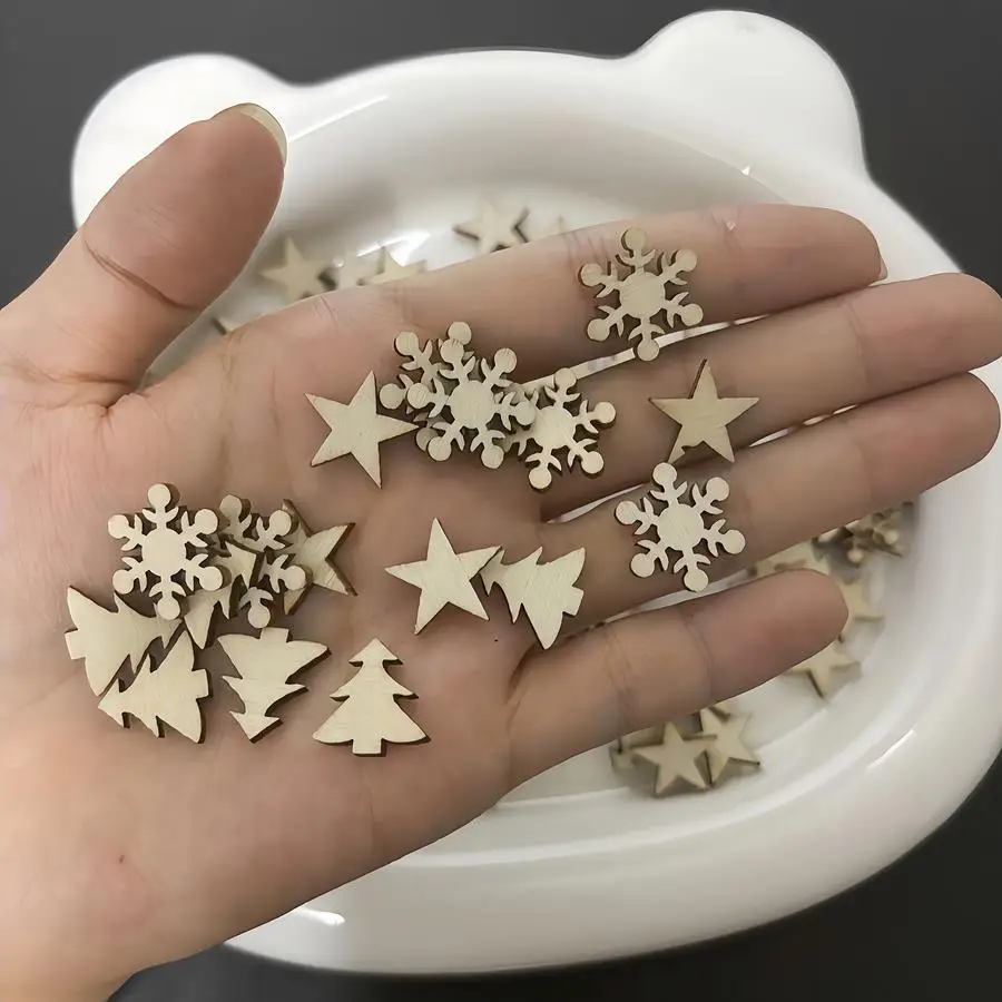 1/5/10/20/50/100pcs 100-Piece Vintage-Style Wooden Christmas and Snowflake Cutouts - 1.5 cm Miniature Wooden Ornaments for DIY H