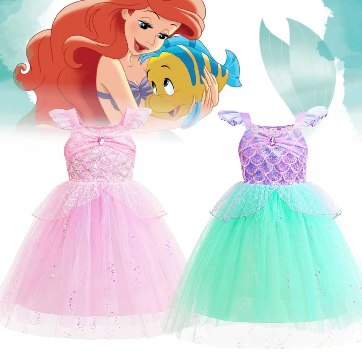 Vestido de Princesa Sereia com Lantejoulas Brilhantes e Mangas Voadoras para Meninas, Fantasia para Apresentação em Palco, Pr...
