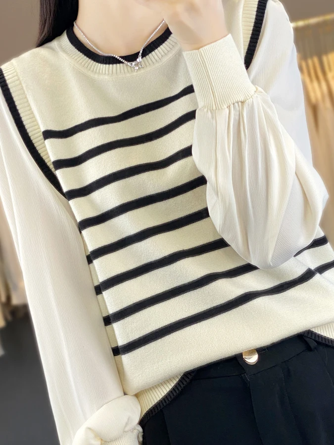 

Spring New Sle Women's Knitted Sweater Fake Two-Piece Striped Color Blo Pure Desire Casual Loose Fit Long Sve Top