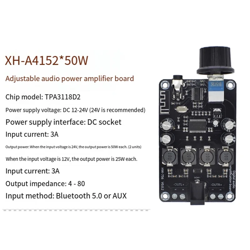 B64C TPA3118D2 ช่องสัญญาณคู่คลาส D เครื่องขยายเสียงดิจิตอลโมดูลบลูทูธ 5.0 50Wx2 เครื่องขยายเสียง
