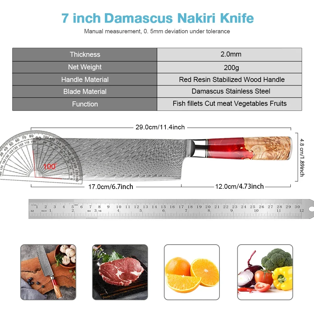 Damascus 7 Inch Nakiri Knife Sharp Edge Damascus Steel Kitchen Chef Knife 67-Layer Forged Blade Slicing Knife Red Resin Handle