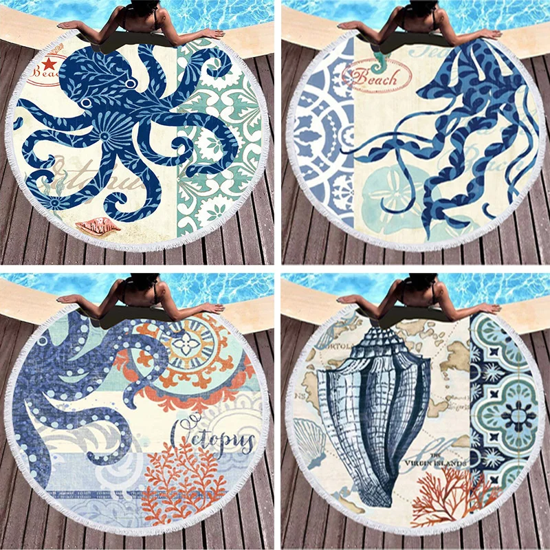 

Blue Octopus Round Beach Towel Sea Animals Summer Thick Bath Towels Microfiber Fabric 150cm Size Swimming Travel Sport Adult Kid