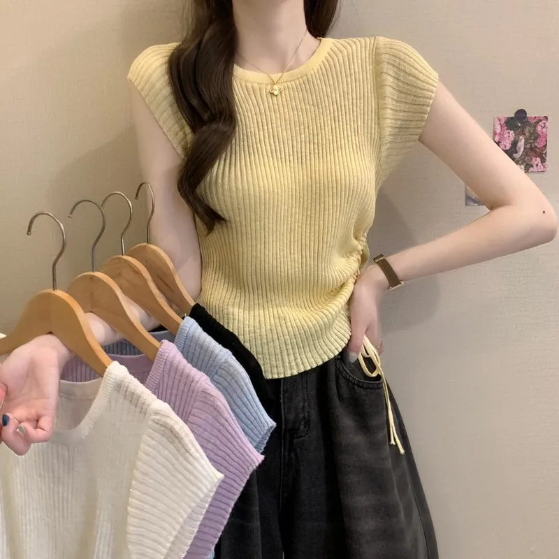 

Pure Color Knitted Top Women Summer 2026 New Design Drawstring Waist Slim Fit Short Sleeve round Neck Pullover Skin-friendly