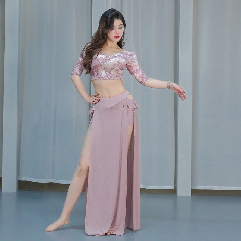 NewBelly 댄스 의상 캐주얼 연습 옷 섹시한 프린트 메쉬 퍼포먼스 의류 롱 스커트 퍼포먼스 의류 슈트