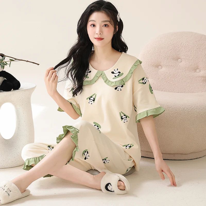 

New Style Women Pajamas Sets Soft Cotton Nightwear Summer Short Sleeve Pyjamas Big Yards M-5XL Sleepwear Female Pijamas Mujer