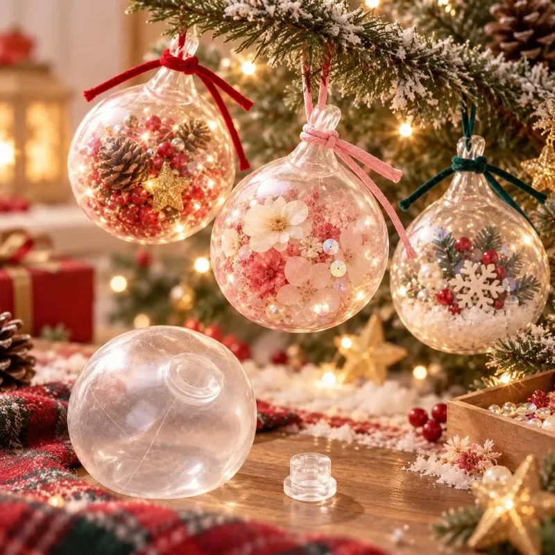 Christmas Clear Plastic Fillable Ball Ornament Transparent Sphere Bauble with Caps DIY Craft for Holiday Party Home Tree Decor