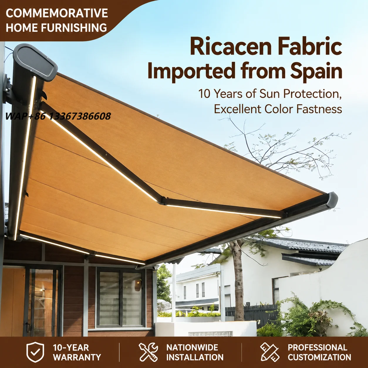 Outdoor Motorized Folding Arm Awning with LED Light Aluminum Alloy Frame UV Protection for Garden Terrace