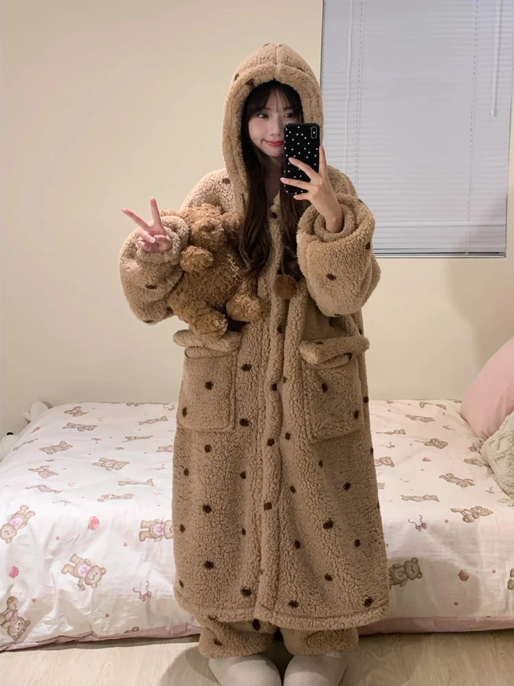 Thickened Coral Fleece Sleepwear Women's Style Winter Home Clothes Set Cute Sweet Series Long Sleeve Hooded Open Cardigan