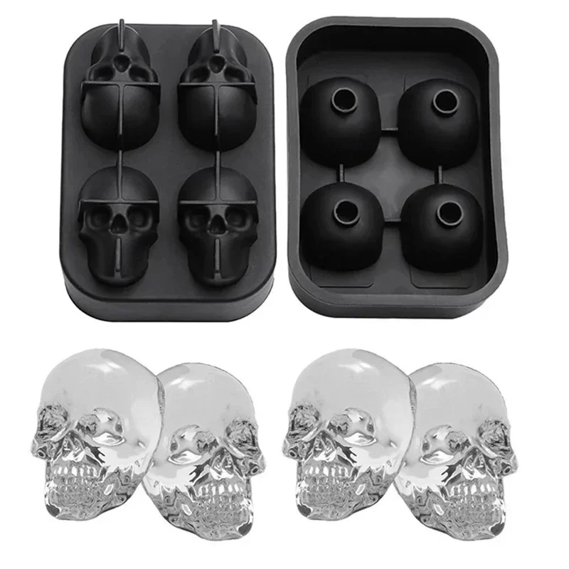 

2024 New 3D Skull Ice Cube Tray With Funnel Silicone Flexible 4 Cavity Maker Molds Cube Maker Ice Cream Tools