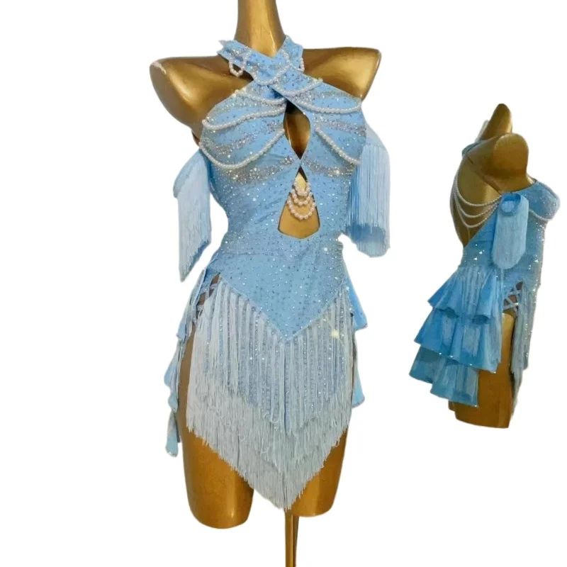 Latin Dance Competition Women's High-end Custom Hanging Neck Pearl Chain Chest Samba Professional Performance Rhinestone Dress