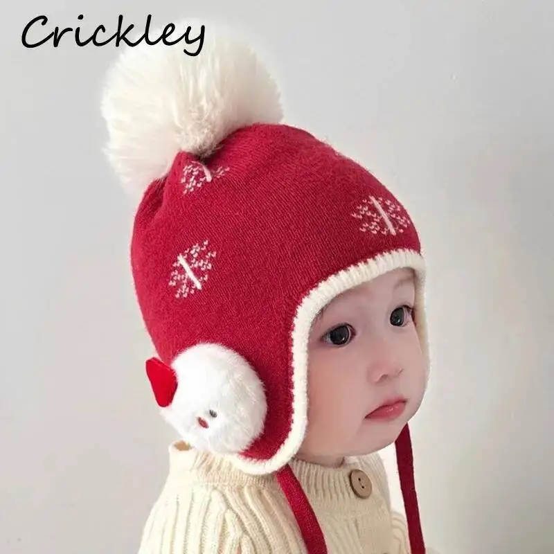 

Cute Snowman Baby Boys Girls Hats Pompom Snowflake Ear Flap Toddler Children Caps Windproof Knitted Warm Soft Kids Hats