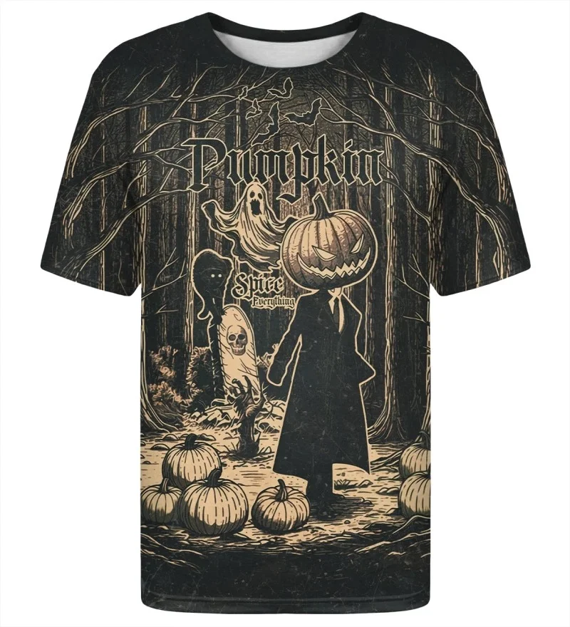 2026 Retro Halloween Pumpkin Man T-shirt, Vintage Woodcut Print, Eerie Forest Ghost Tombstone Distressed Texture, Novel T-shirt