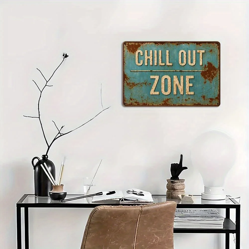 علامة معدنية "Chill Out Zone" - 20.32 × 30.48 سم ديكور عتيق متعثر لمساحات الاسترخاء