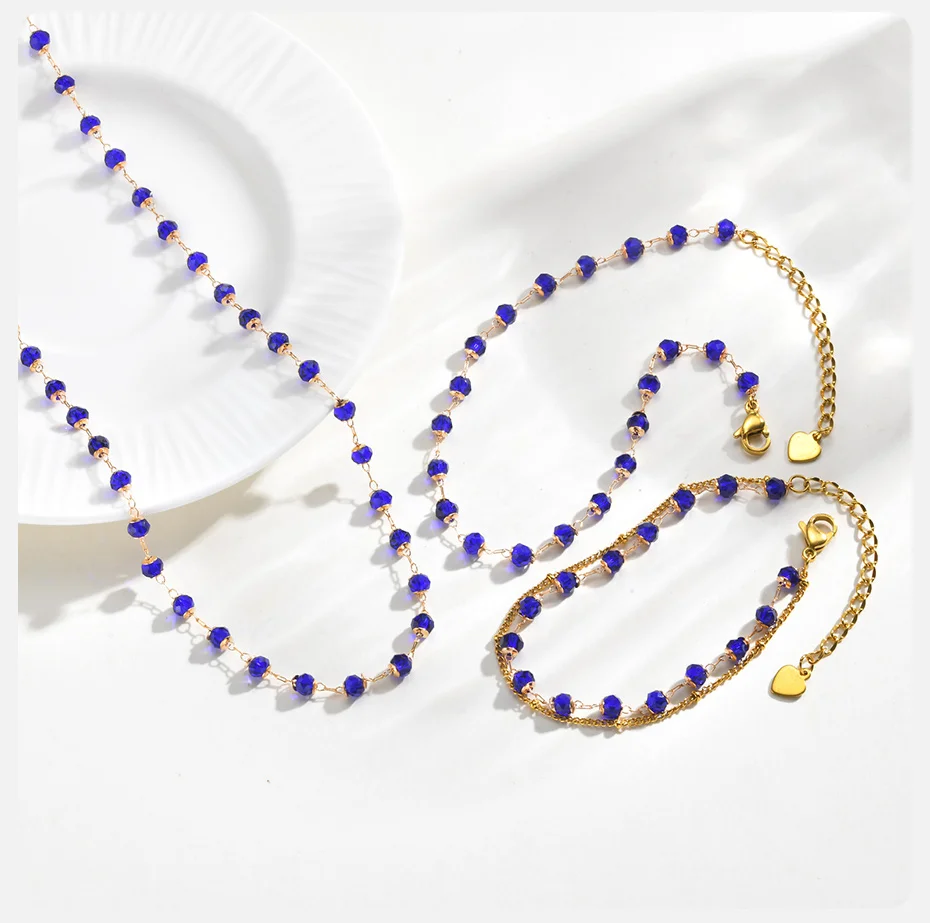 Vnox Trendy Boho Spacer Bead Chain Armbänder für Frauen, blauer Kristall, goldfarben, doppellagiges Gliederkettenarmband, Schmuck, Geschenke – Detail 5