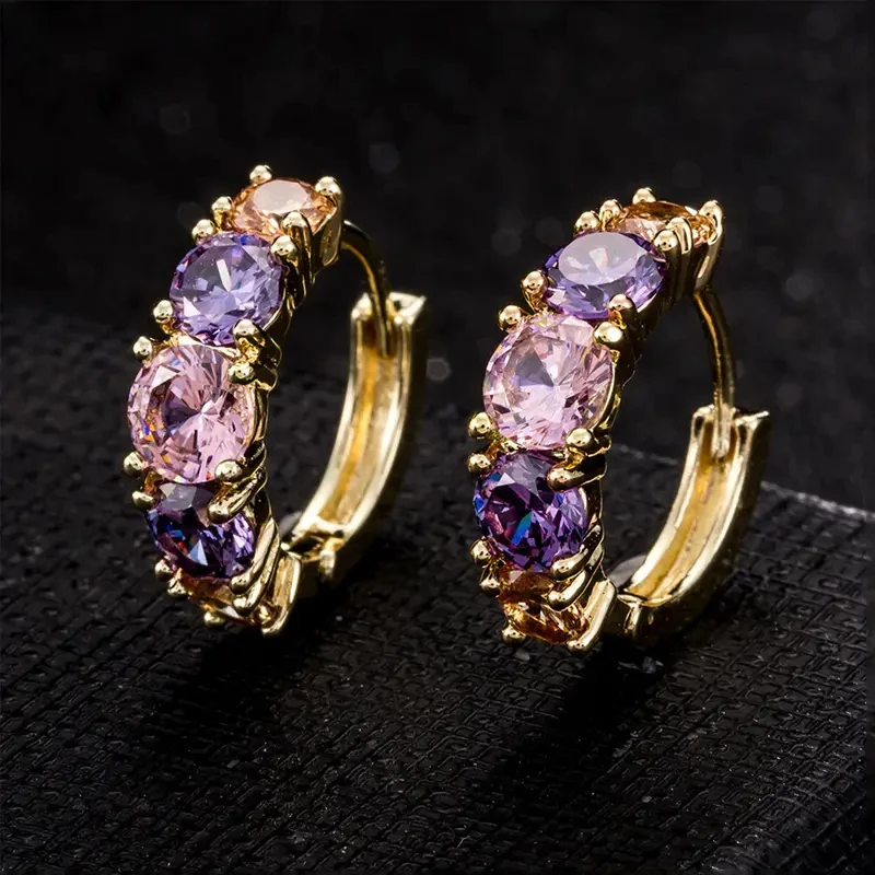 Huitan Fashion Luxury Colorful Pink/Purple CZ Hoop Earrings for Women Newly Designed Bridal Wedding Earrings Gift Party Jewelry