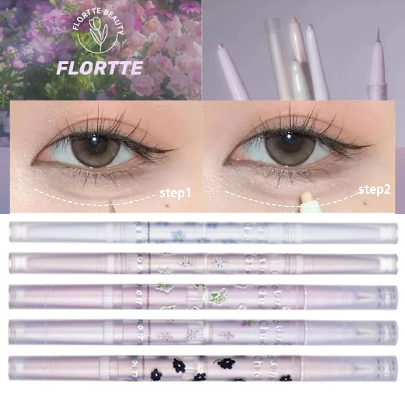 FLORTTE Double Head Eyeshadow Eyeliner Silkworm Stick Matte Pearl Glitter Eye Shadow Liner Pencil Highlighter Pen Eyes Makeup