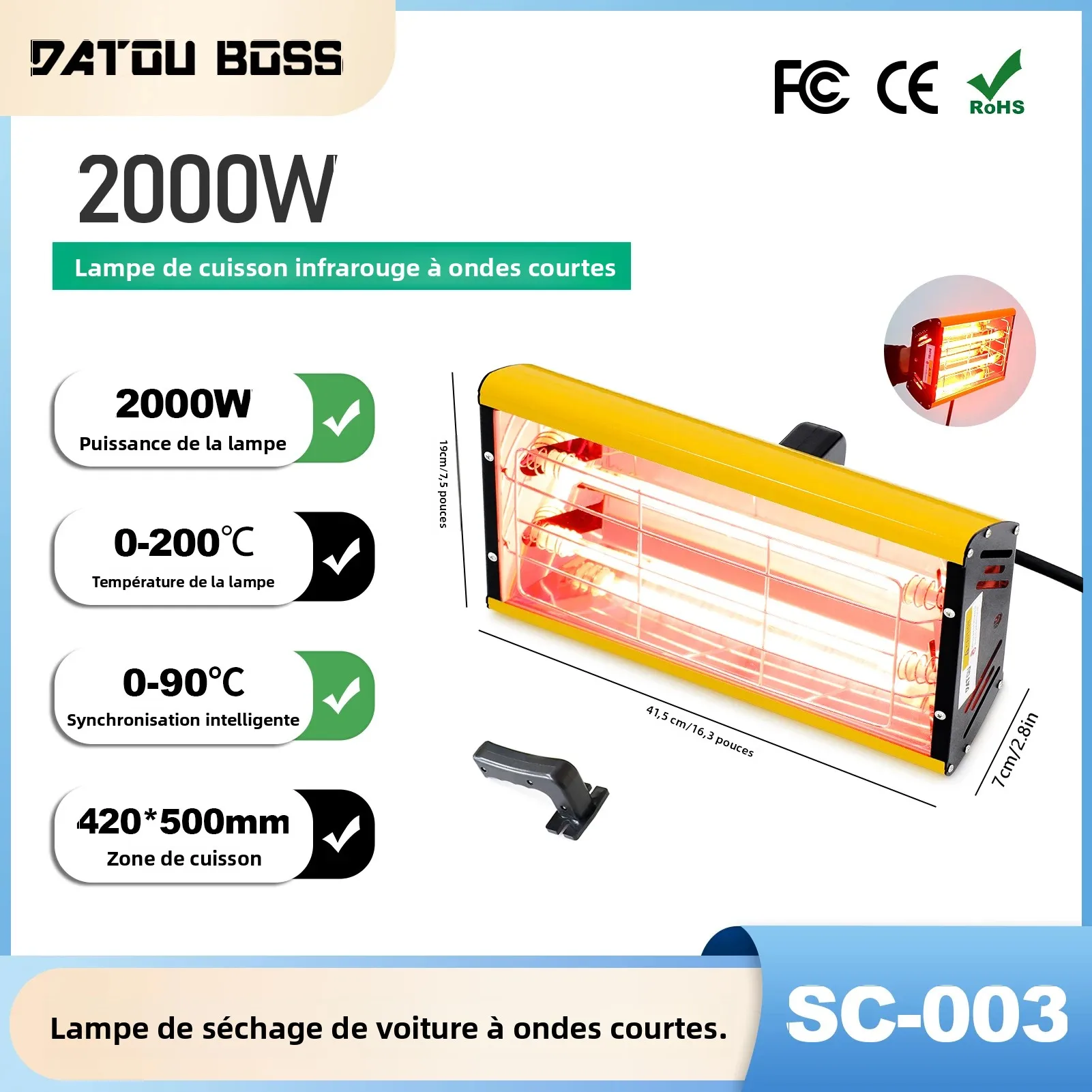 Lampe de séchage infrarouge portable DATOUBOSS 2000W SC-003 à ondes courtes pour peinture, séchoir de peinture, outil de réparation automobile pour un séchage rapide