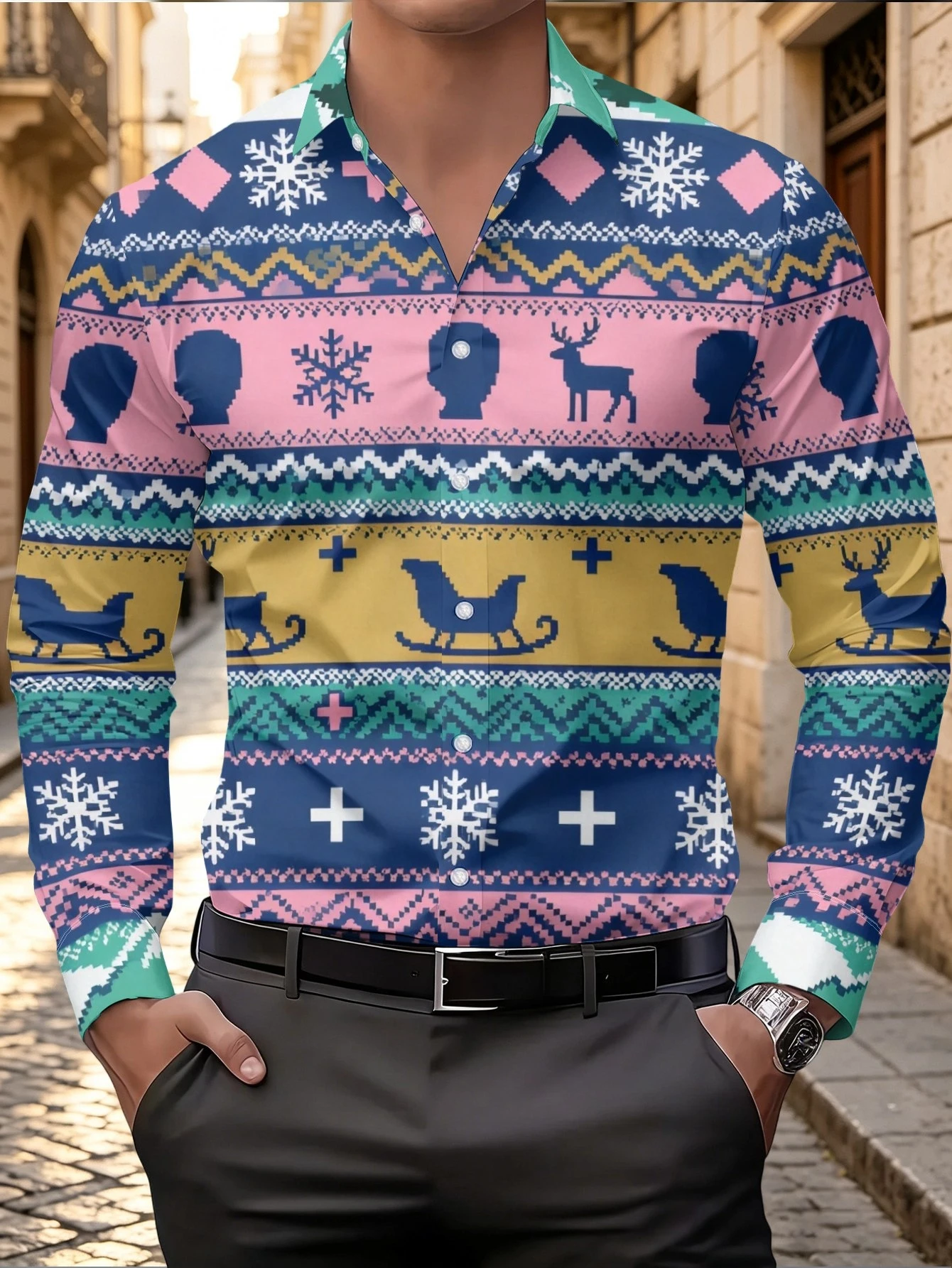 Christmas Men Long Sleeve Shirt Reindeer Sleigh Snowflake Print Vintage Retro Casual Party Daily Wear Men's Clothing