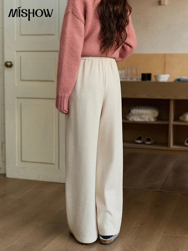 MISHOW سراويل نسائية مستقيمة مبطنة بالصوف لخريف وشتاء 2025 بخصر مطاطي سراويل غير رسمية للتنقل مع جيوب MXE92K1131